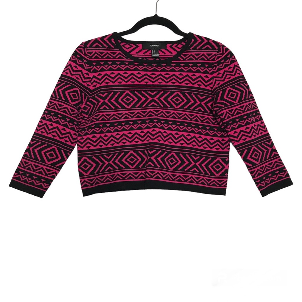 Forever 21 Pink Black Tribal Print Cropped Sweater Womens Sz Small Preppy Y2K